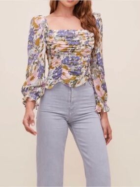 ASTR The Label Tonina Floral Ruched Square-Neck Blouse with Puff Sleeves